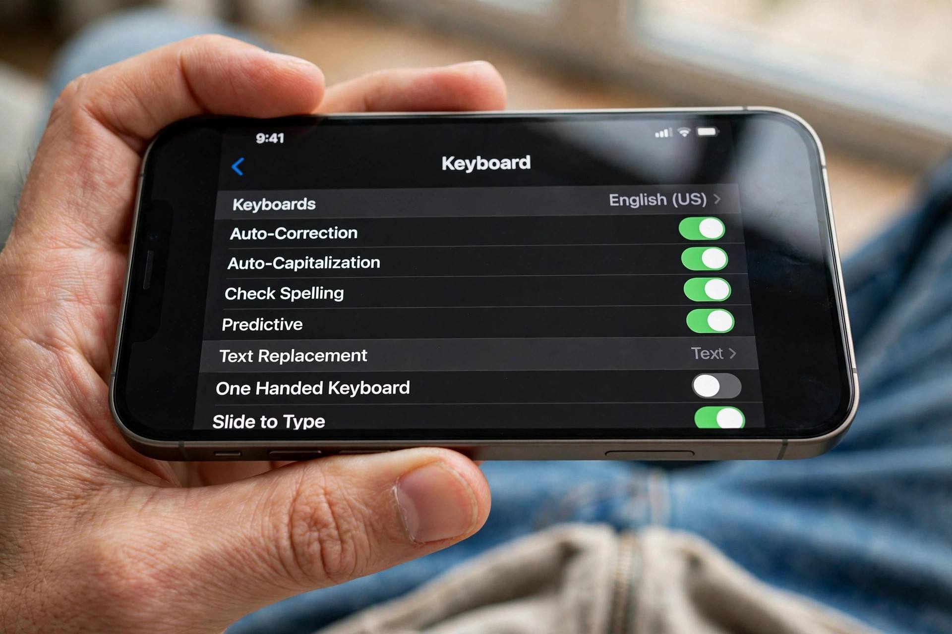 Hand holding iPhone showing the keyboard settings screen