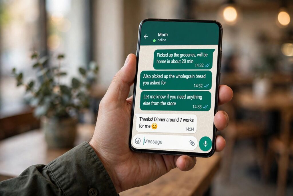 WhatsApp chat showing blue double ticks read receipts on a smartphone screen