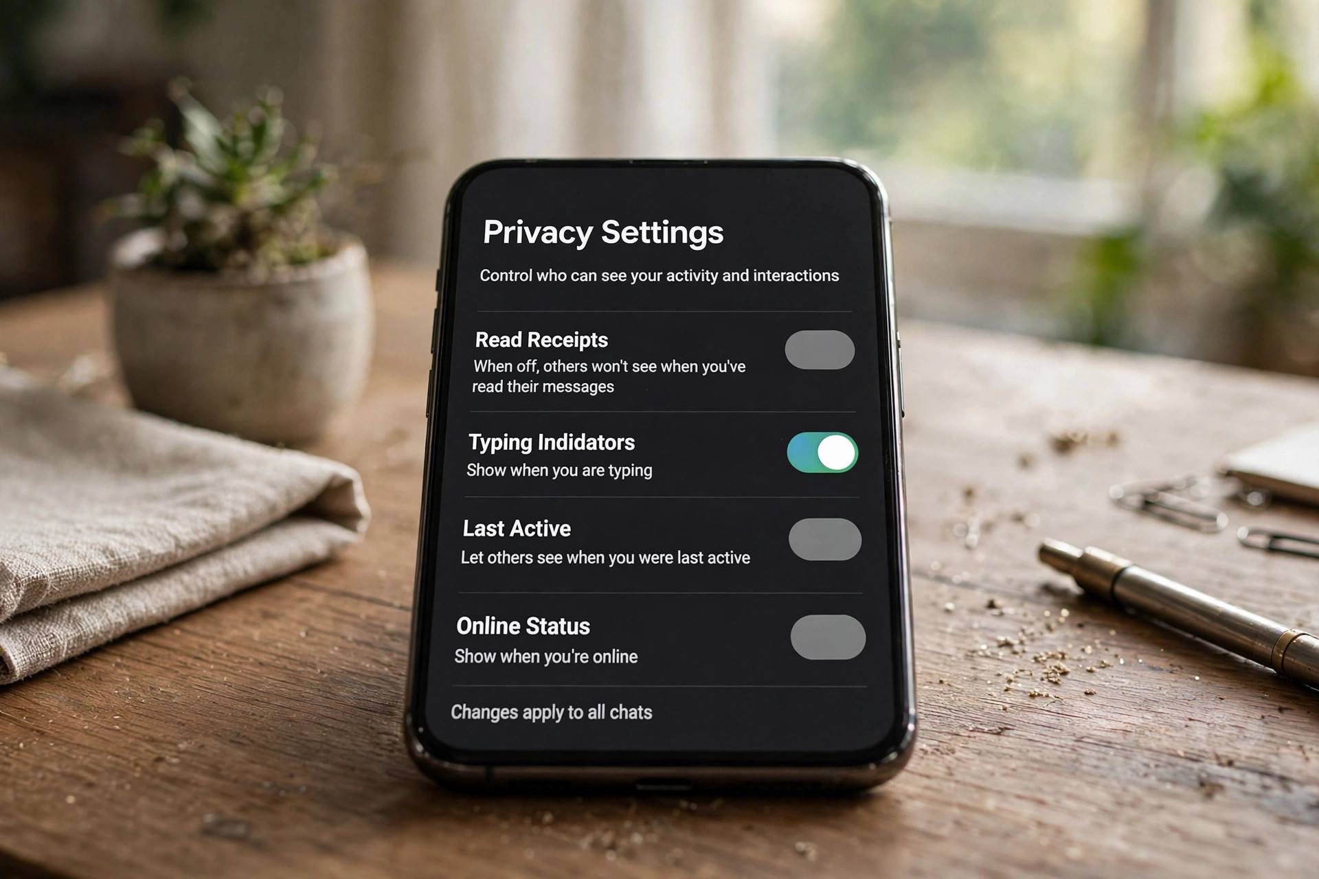 WhatsApp privacy settings screen with read receipts toggle switched off