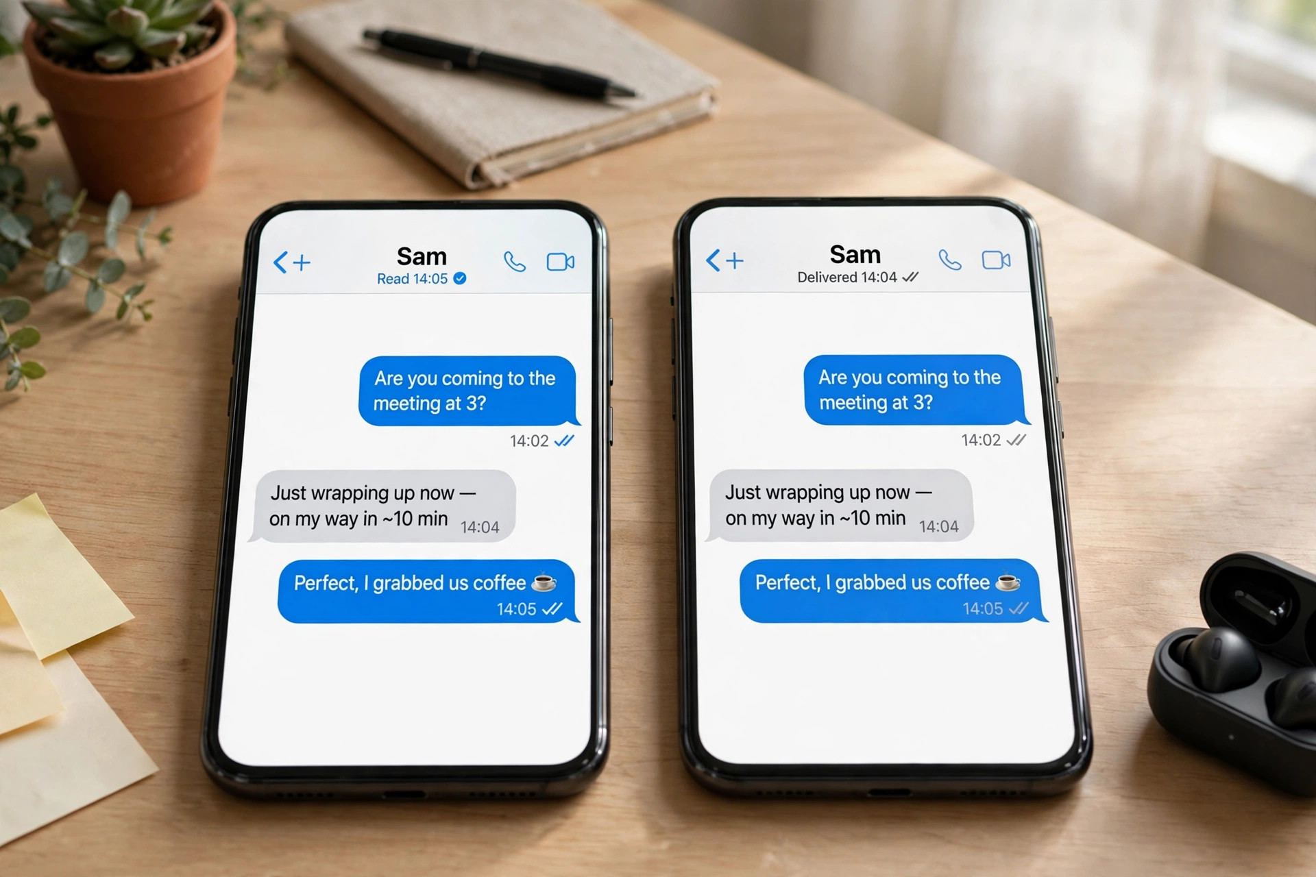 Side-by-side comparison of WhatsApp read receipts on and off in a chat