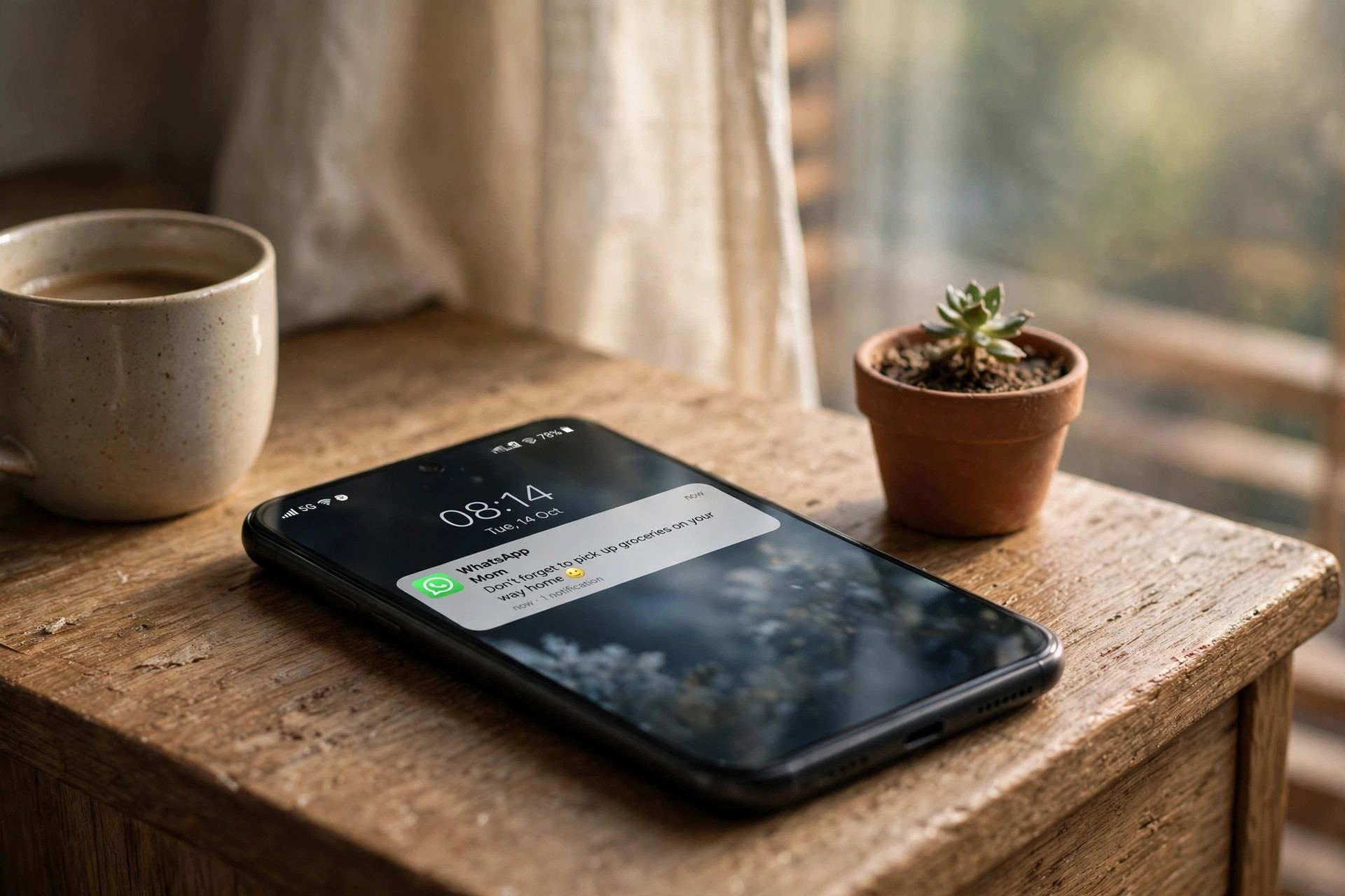 WhatsApp notification preview showing a message on a phone lock screen