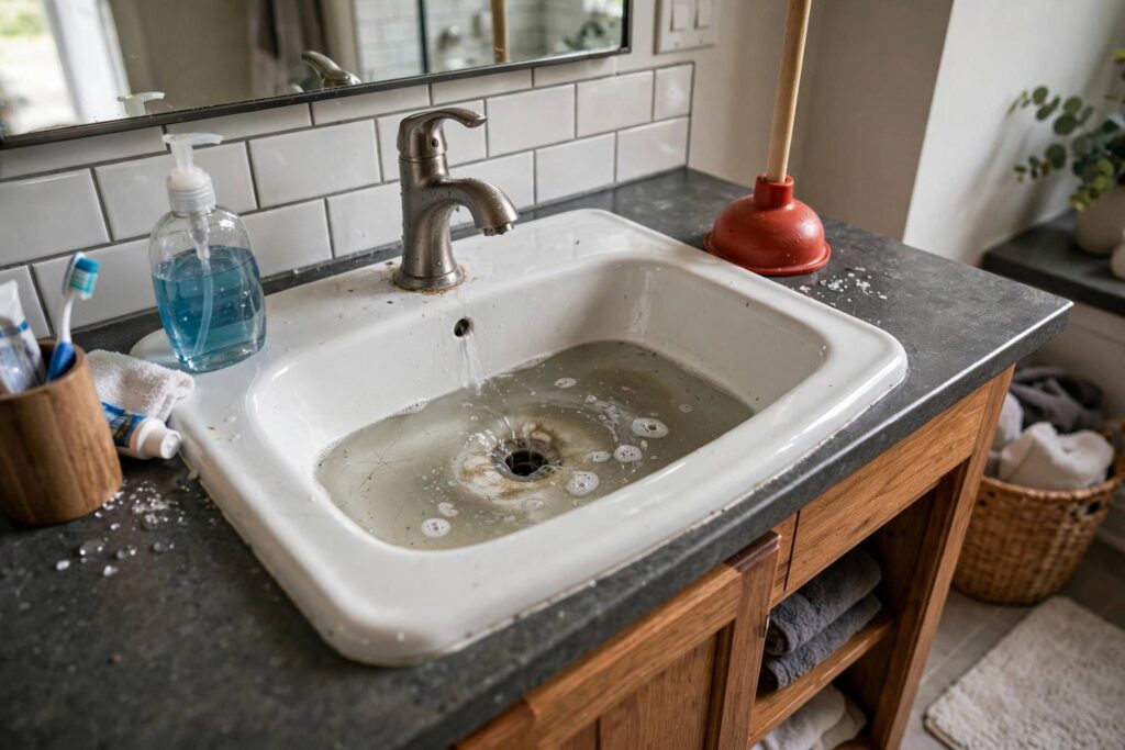Clogged bathroom sink with slow-draining water and a plunger beside it