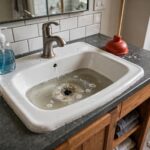 How to Unclog a Drain With Baking Soda and Vinegar (Honest Guide) Clogged bathroom sink with slow-draining water and a plunger beside it