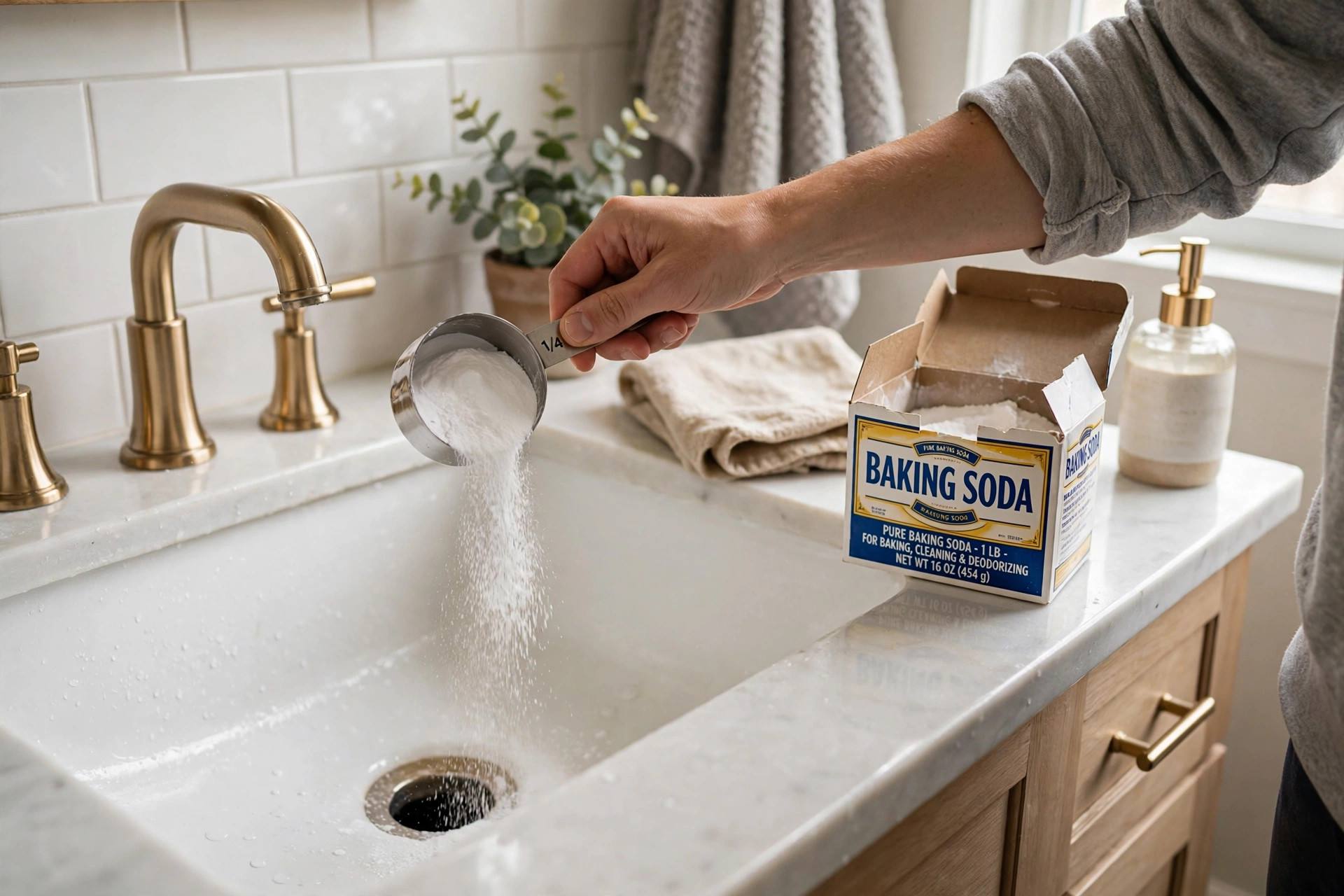 Person pouring baking soda from a measuring cup into a bathroom sink drain, box of baking soda nearby