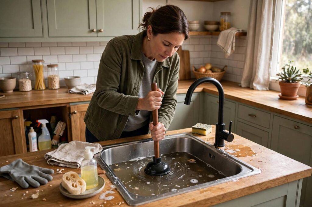 Homeowner plunging a slow-draining kitchen sink with standing water