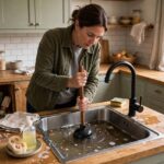 How to Unclog a Drain Without Chemicals: 7 Methods That Actually Work Homeowner plunging a slow-draining kitchen sink with standing water