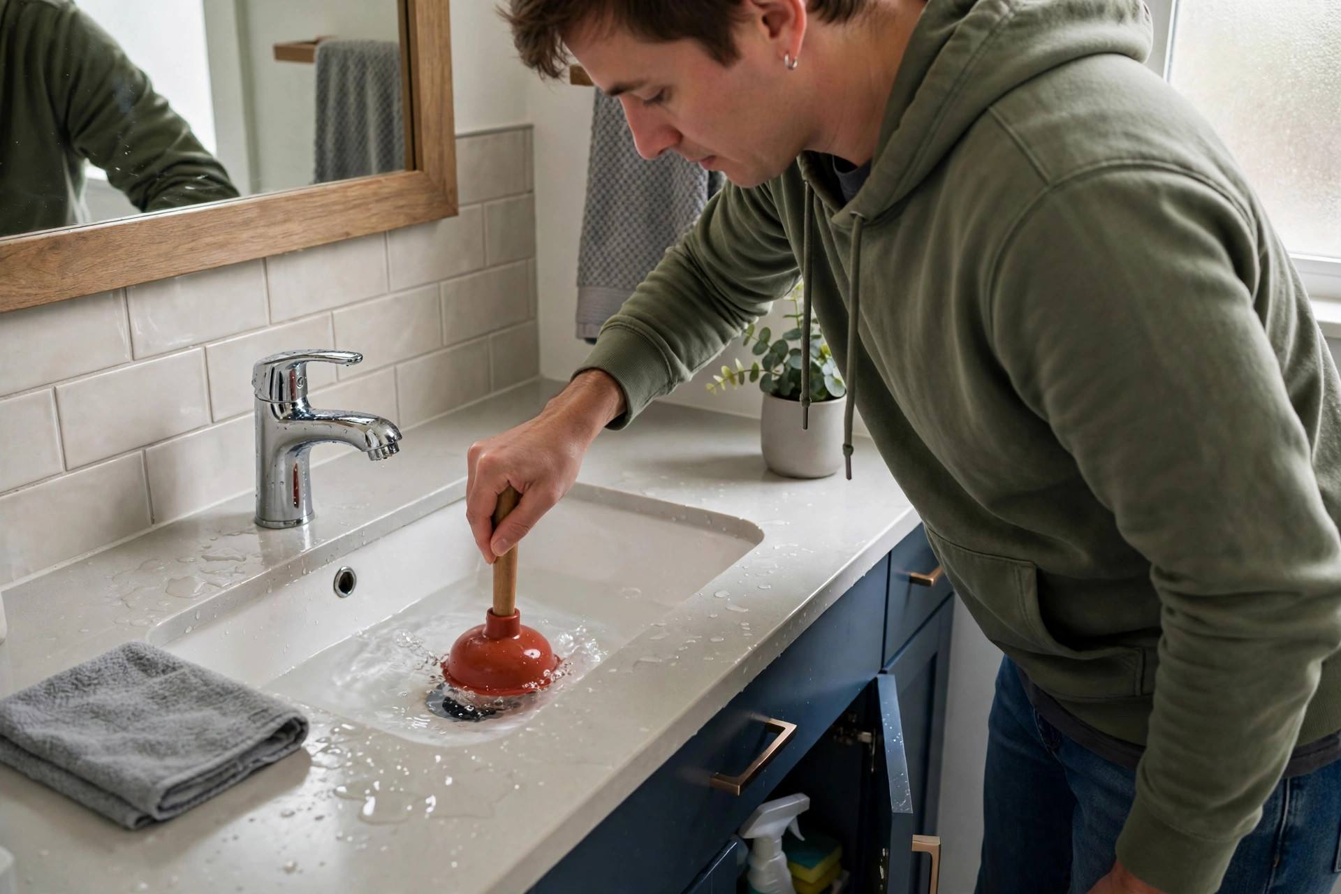 Person using a cup plunger on a bathroom sink drain with water visible in the basin