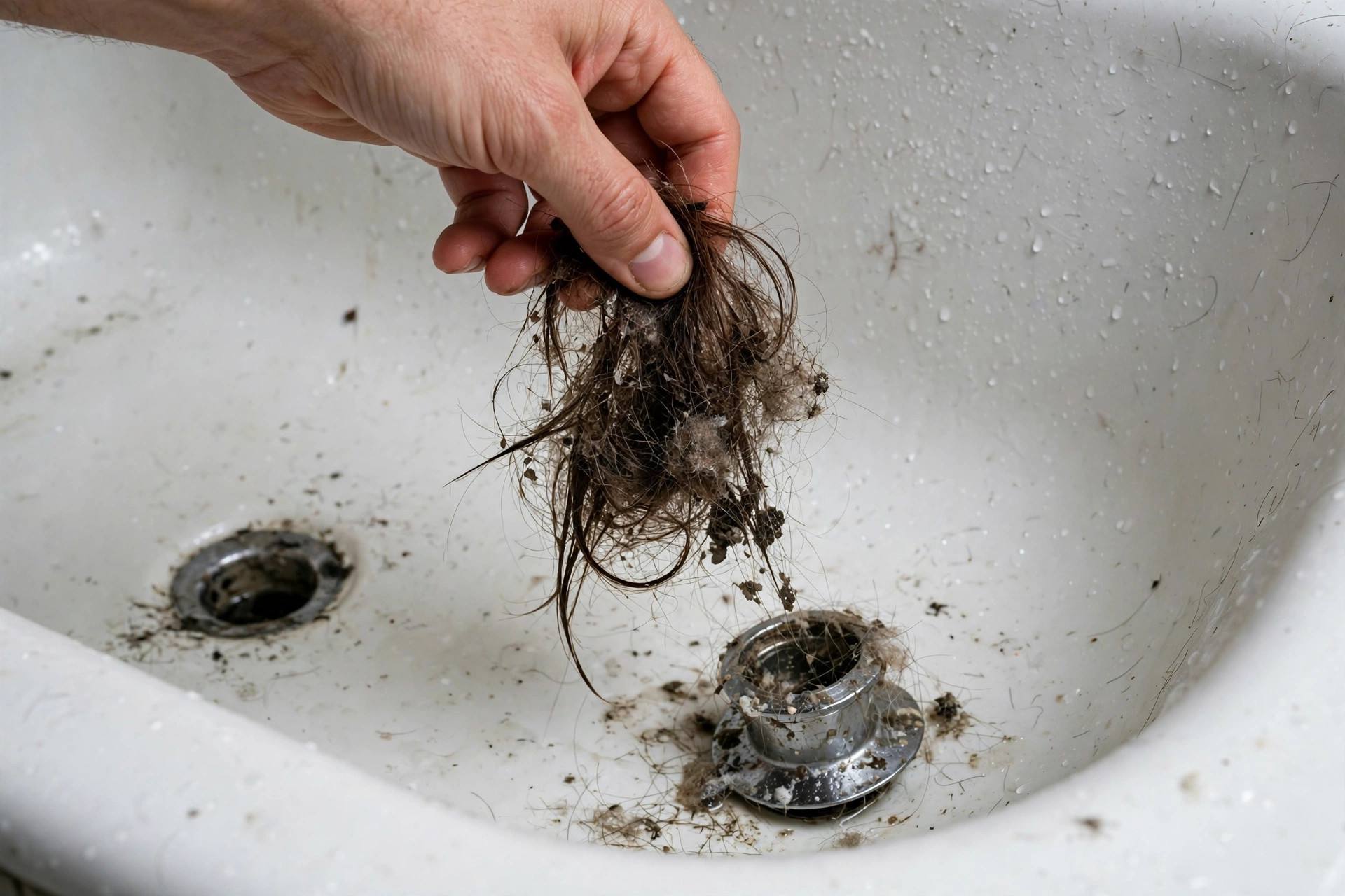 Hand pulling hair and debris from a removed bathtub drain stopper over the tub