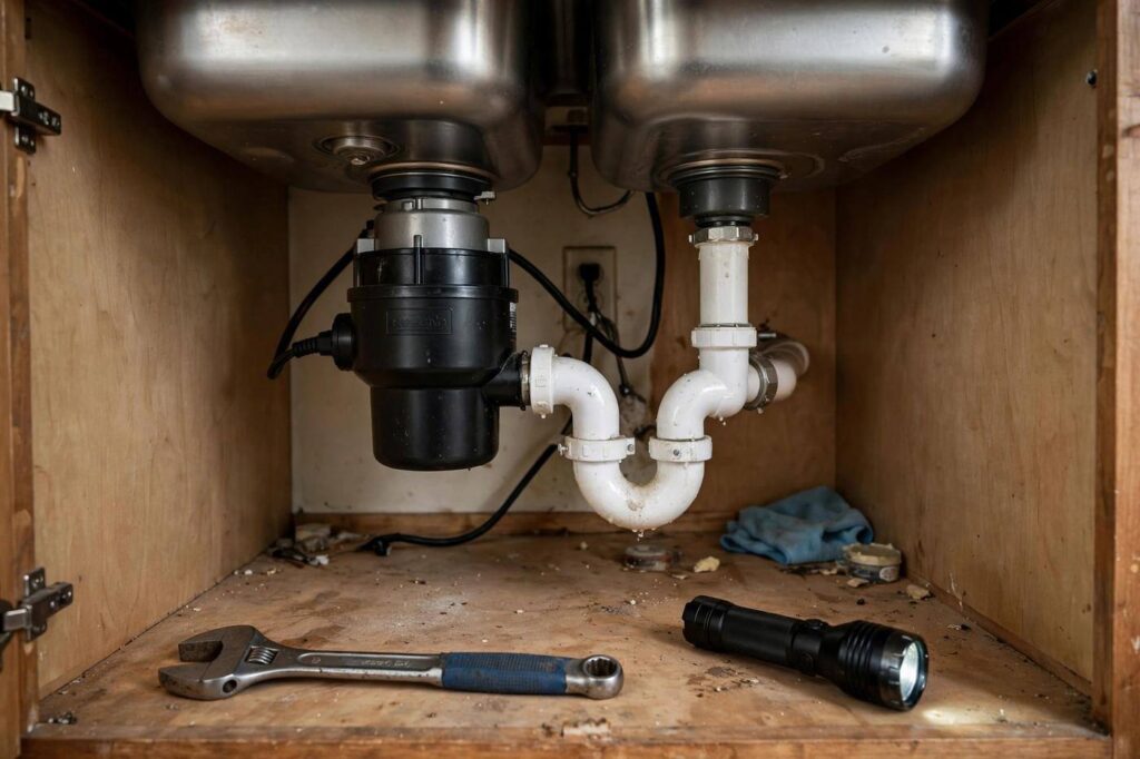 Kitchen sink with a garbage disposal unit mounted underneath, plumber wrench and flashlight on the cabinet floor beside it