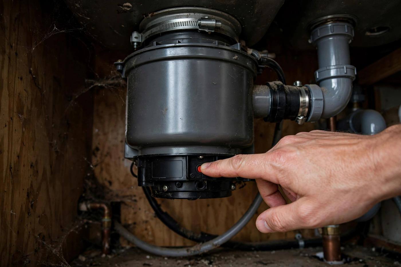 Hand pressing the small red reset button on the bottom of a garbage disposal unit under a kitchen sink