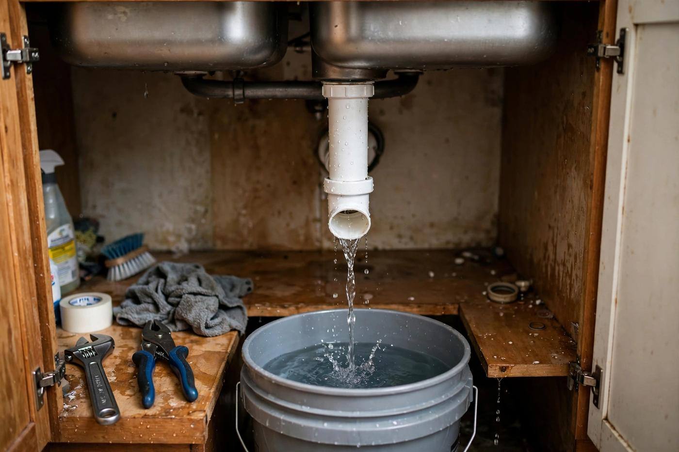 P-trap pipe removed under a kitchen sink with a bucket underneath catching water during a drain clog repair