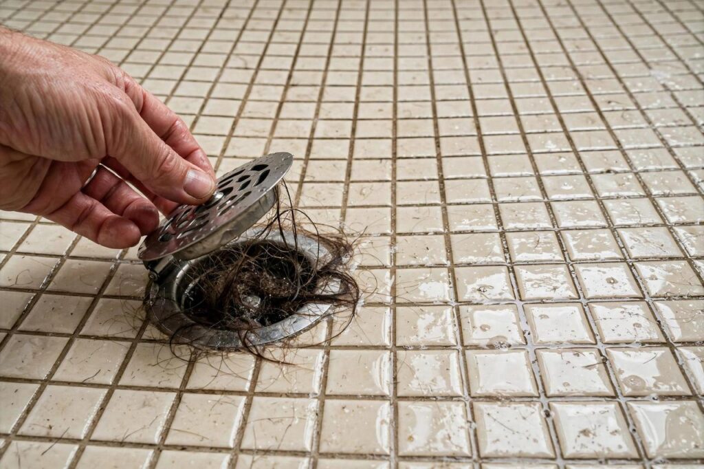 A hand lifting a shower drain cover clogged with hair