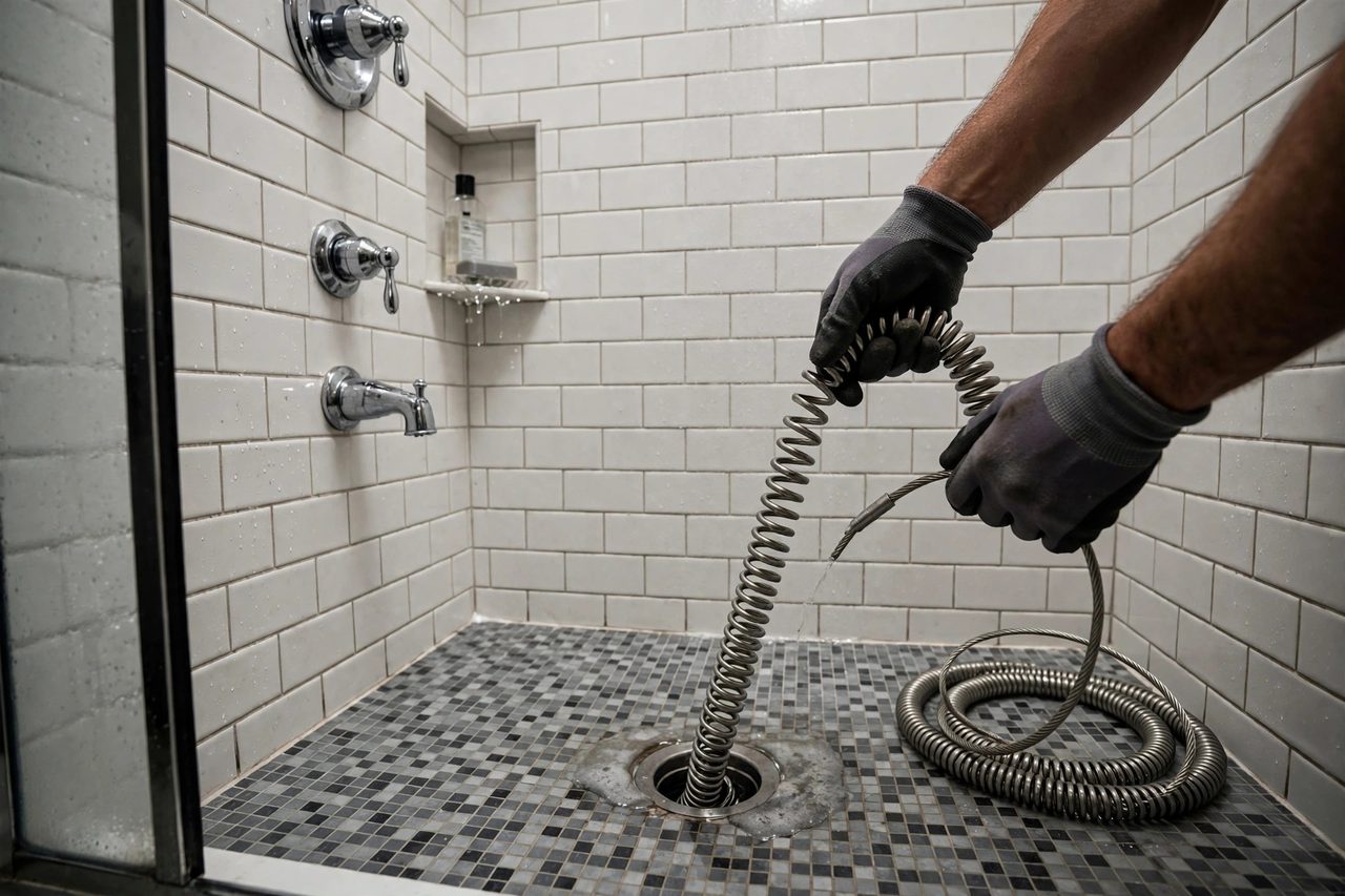 A drain snake tool being fed into a shower drain