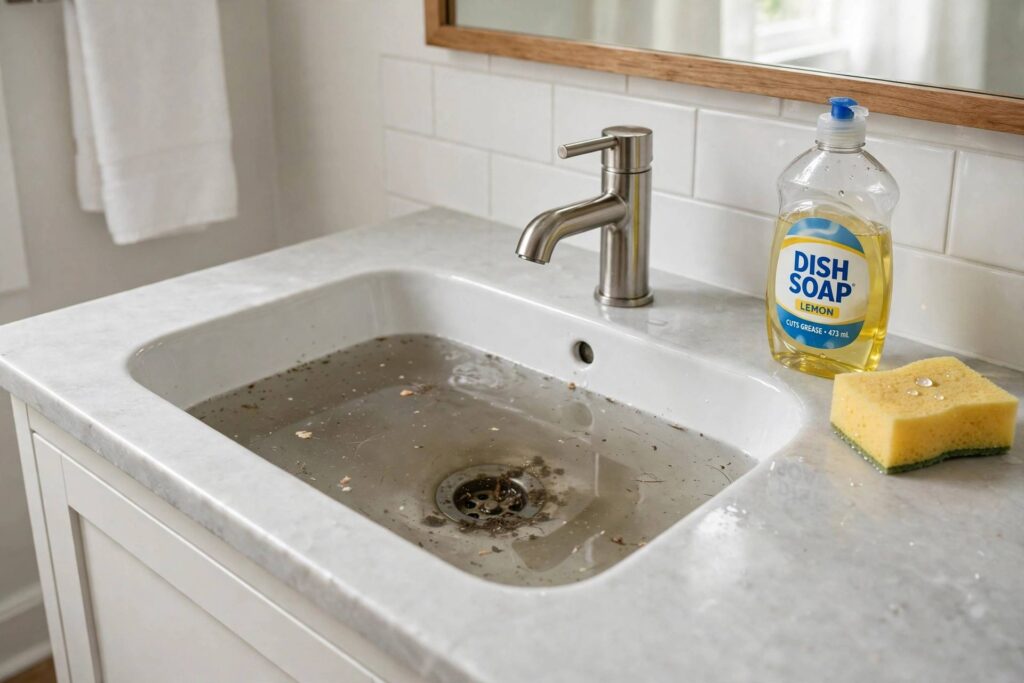 A bathroom sink with standing water and cleaning supplies nearby showing a clogged drain