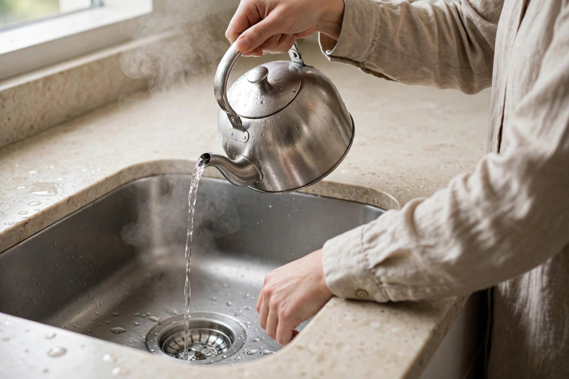 A person pouring hot water from a kettle into a kitchen sink drain