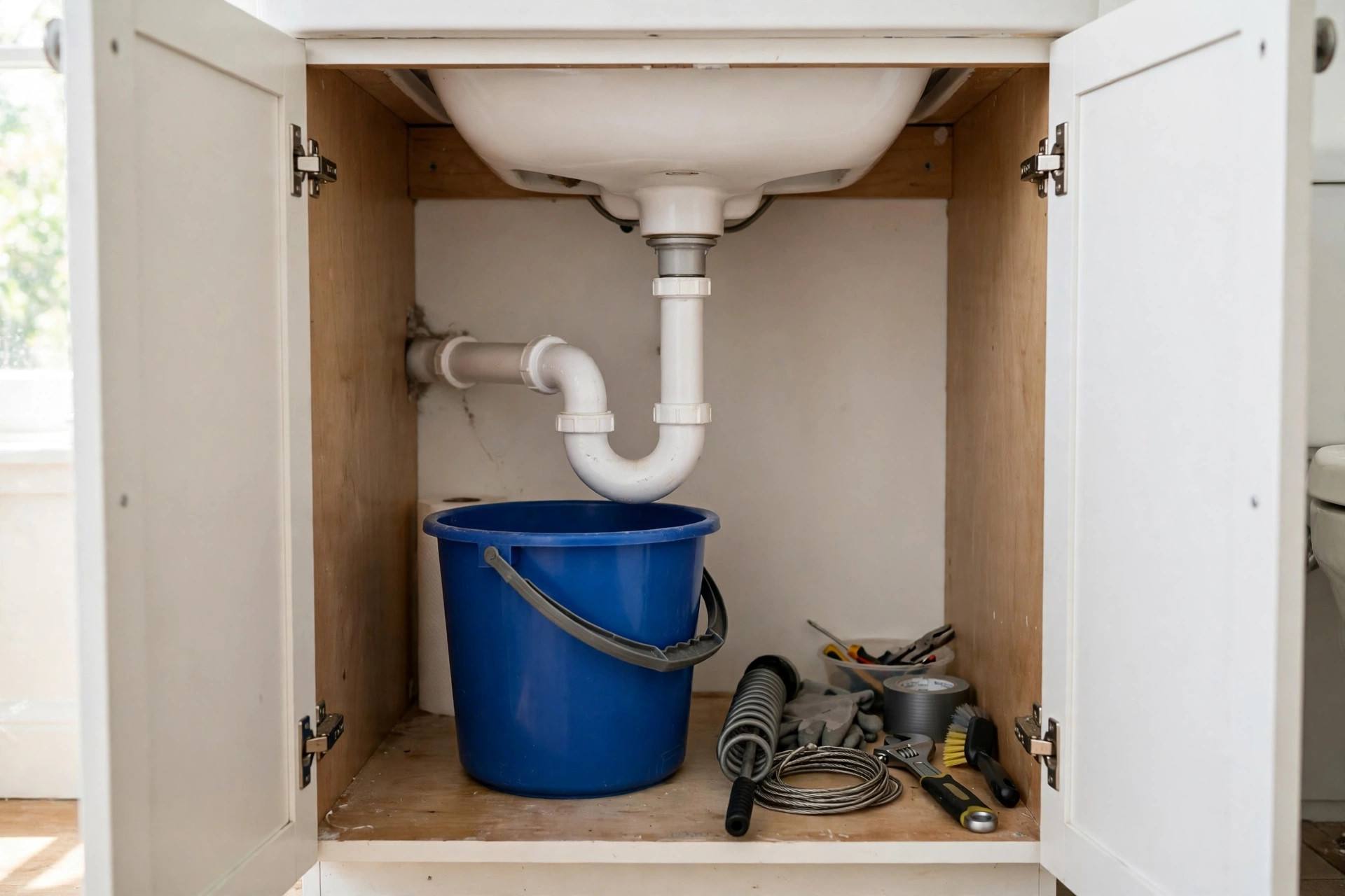 An open cabinet under a bathroom sink showing the curved P-trap pipe with a bucket underneath
