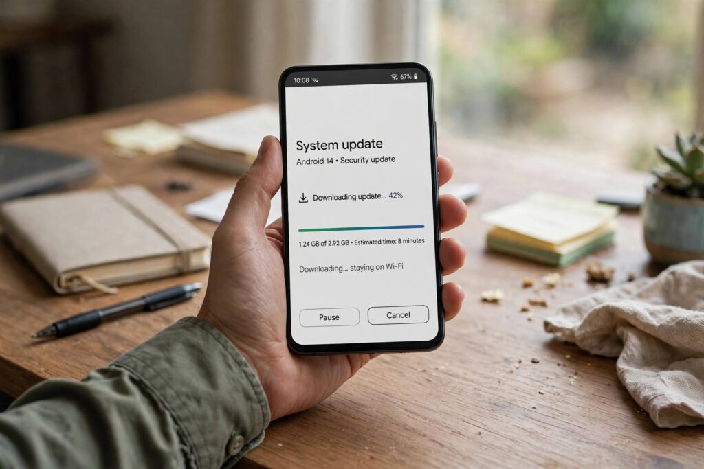 Android phone displaying a system software update screen with download progress