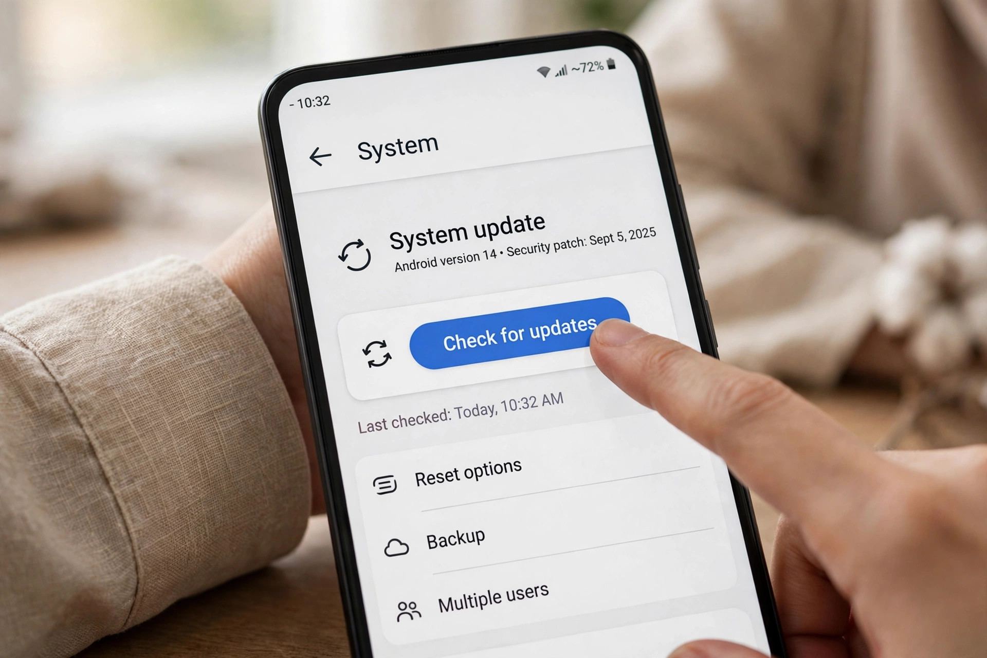 Person tapping check for updates in Android system settings