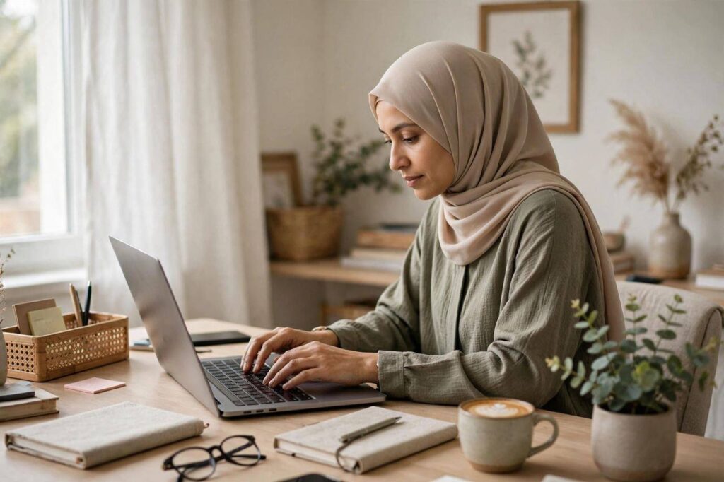 Person typing on a laptop at a bright home office desk