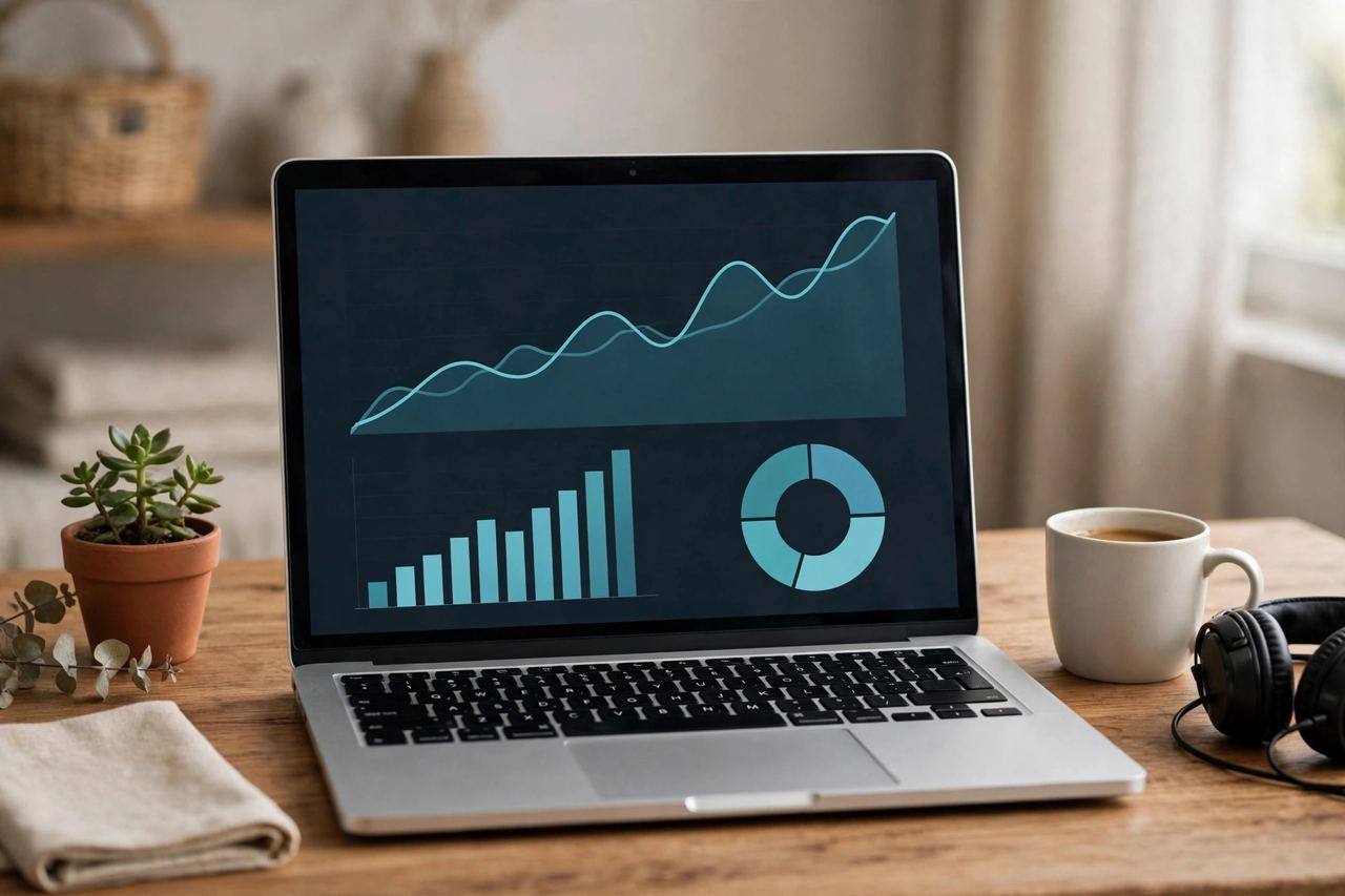 Laptop on a desk showing a blog analytics dashboard with rising traffic graphs