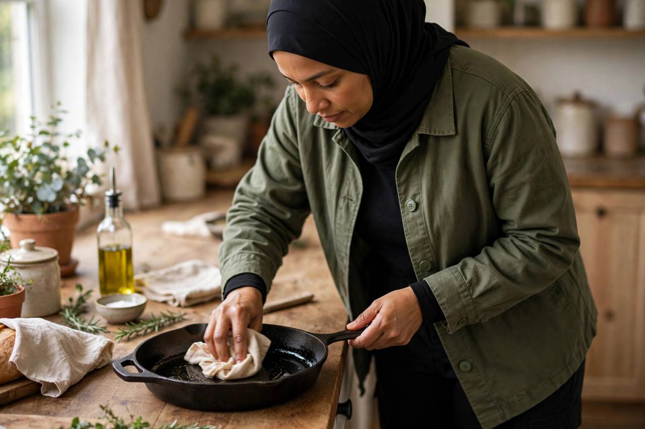 Person in modest full-coverage clothing rubbing oil into a cast iron skillet with a cloth