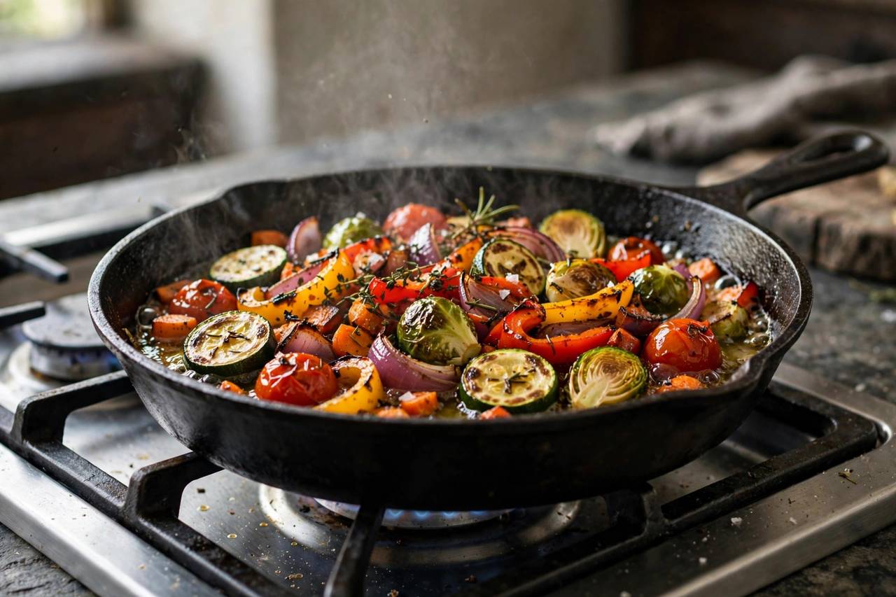 Cast iron skillet with sizzling roasted vegetables cooking on a stovetop