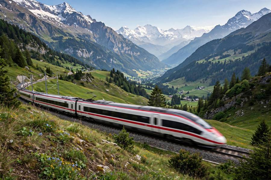 A high-speed train crossing the Swiss Alps — learning how to use a Eurail pass opens up routes like this