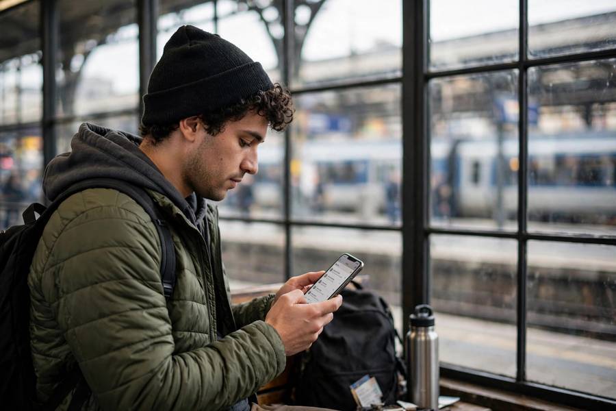 Checking train times on a phone — the Eurail app is central to how to use a Eurail pass today