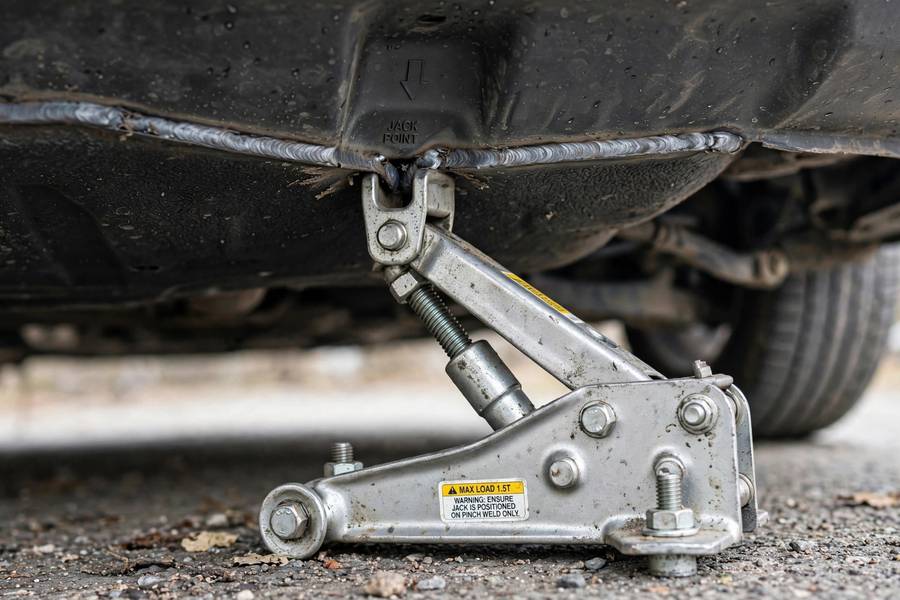 Scissor jack at the correct jack point showing how to use a tire jack safely