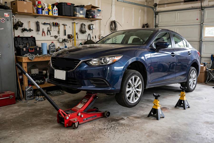 Floor jack and jack stands in a garage for how to use a tire jack safely