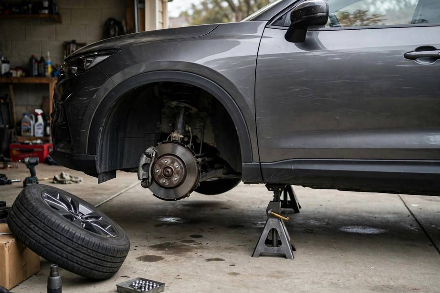 Car properly supported on jack stands, the safe practice in how to use a tire jack safely
