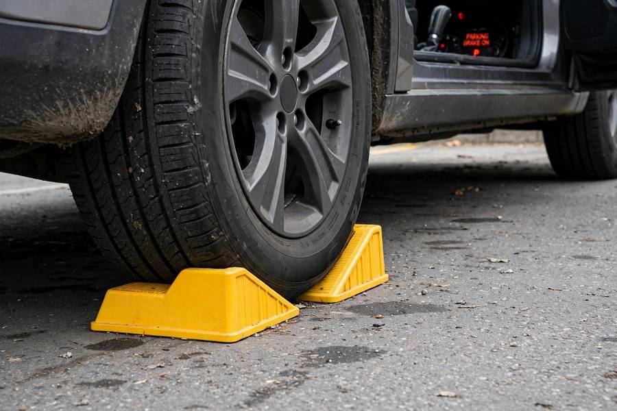 Wheel chocks preventing rolling, part of how to use a tire jack safely