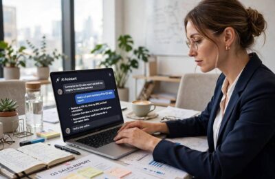 A professional using an AI assistant for work tasks on a laptop