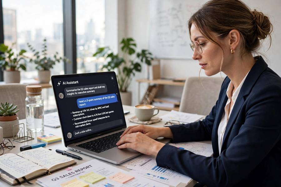 A professional using an AI assistant for work tasks on a laptop