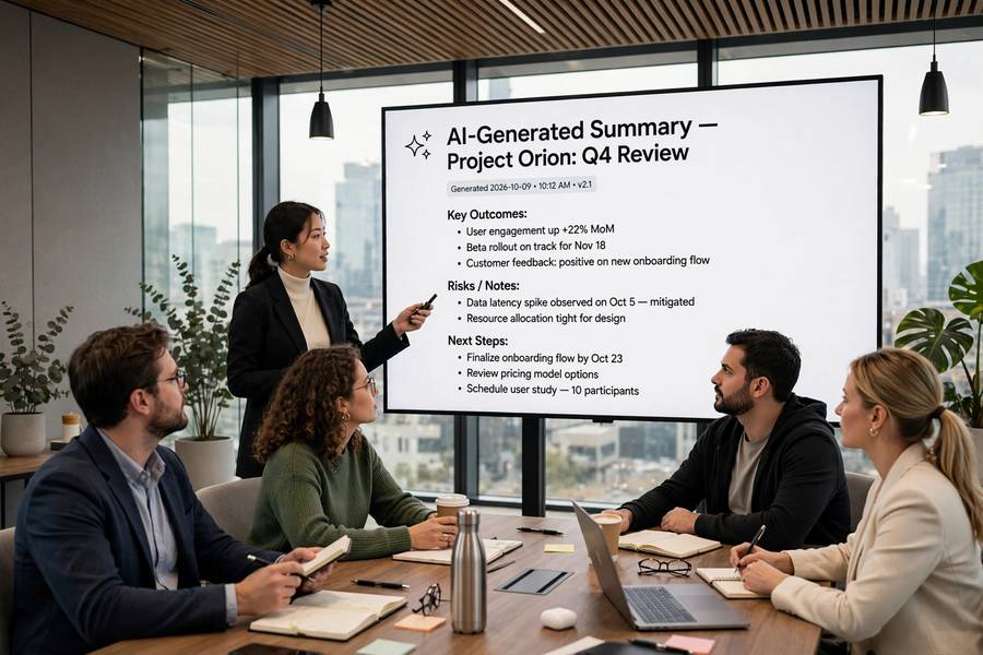 A team reviewing an AI-generated meeting summary on screen