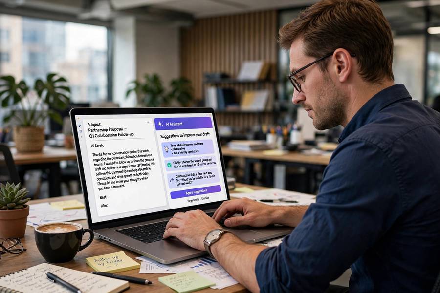 Professional using an AI assistant to draft a work email