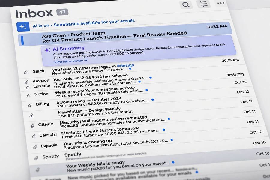 Email inbox with AI-generated summary of a long thread
