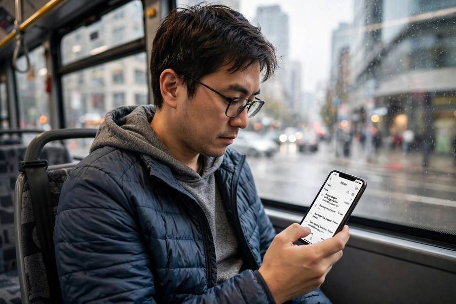Person triaging work emails on a phone during commute