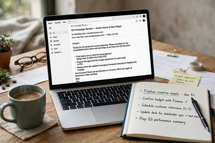 Laptop showing a polished email drafted from bullet points