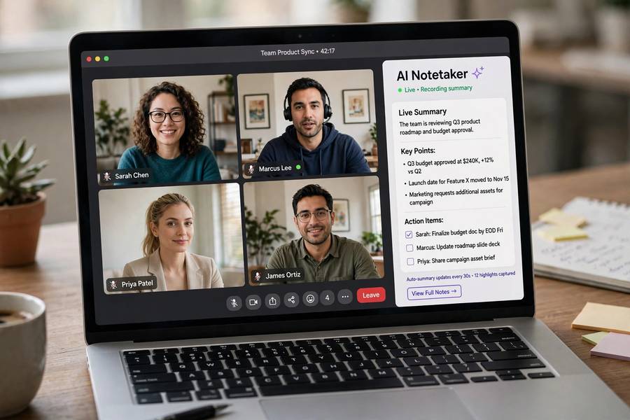 Video conference with AI notetaker generating a live summary