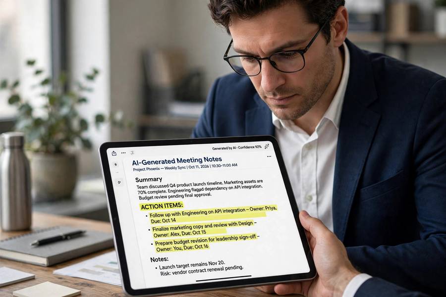 Professional reviewing AI-generated meeting notes with action items