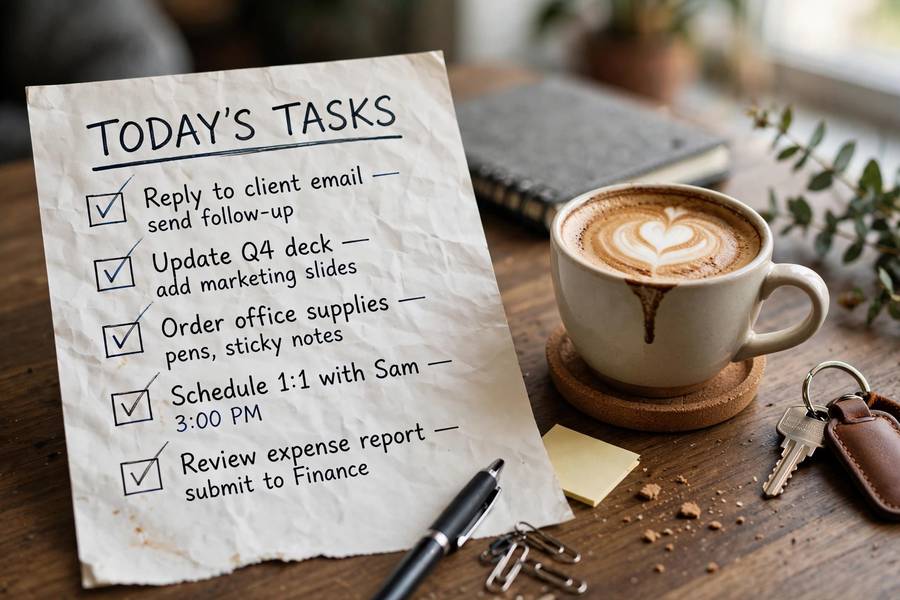 Action items checklist derived from meeting notes on a desk
