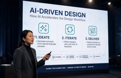 Presenter delivering a talk with slides created using AI for presentations