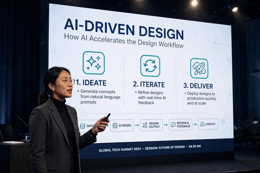 Presenter delivering a talk with slides created using AI for presentations