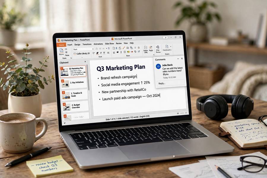 Editing a presentation slide deck on a laptop with help from AI tools