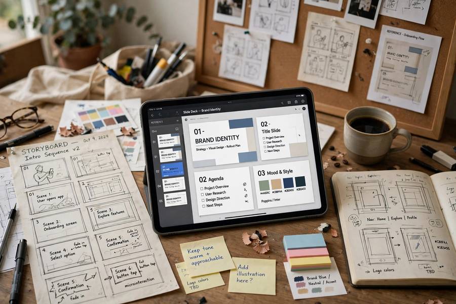 Storyboarding and slide layout planning before generating visuals with AI