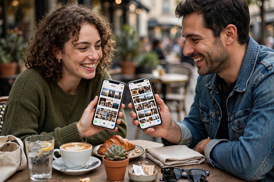 Friends sharing photos with AirDrop at a cafe demonstrating how to use AirDrop