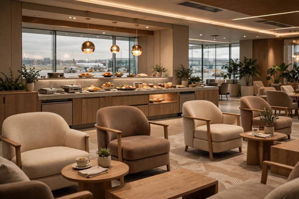 A calm modern airport lounge interior with comfortable seating and soft lighting