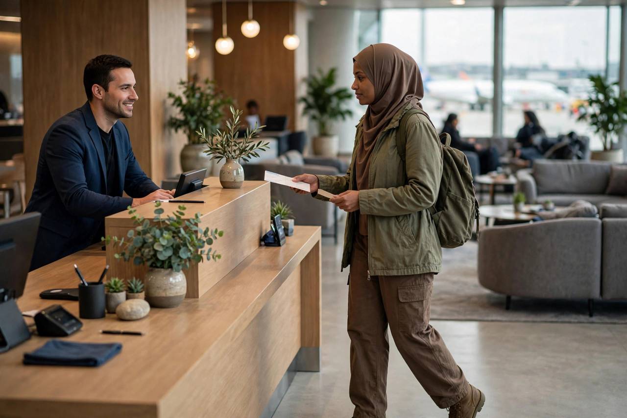 A traveler in modest full-coverage clothing entering an airport lounge with a boarding pass