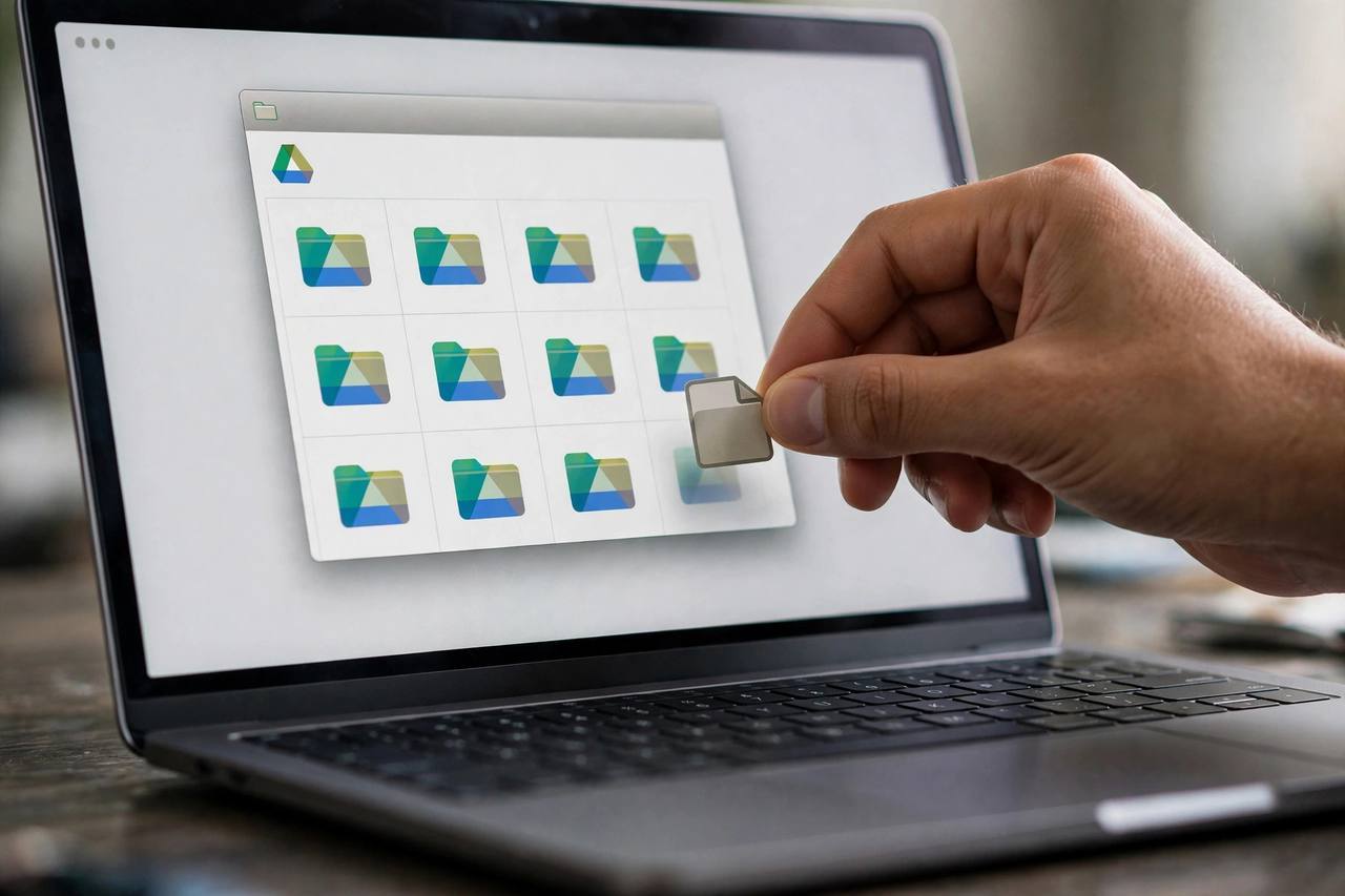 Close-up of a hand dragging a file icon into a Google Drive folder window on a laptop